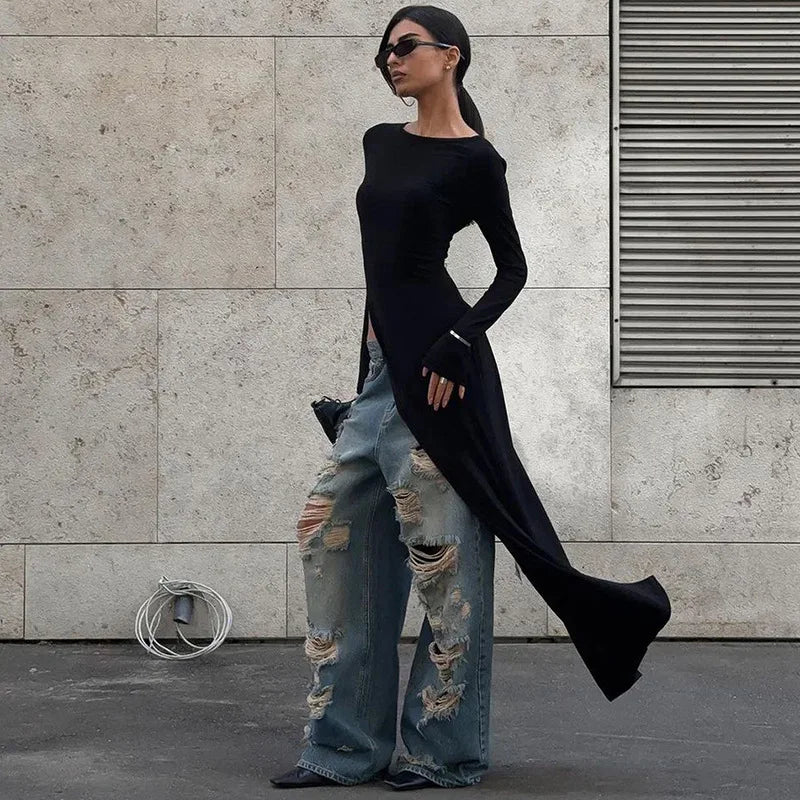 Asymmetrical Long Sleeve Black Dress