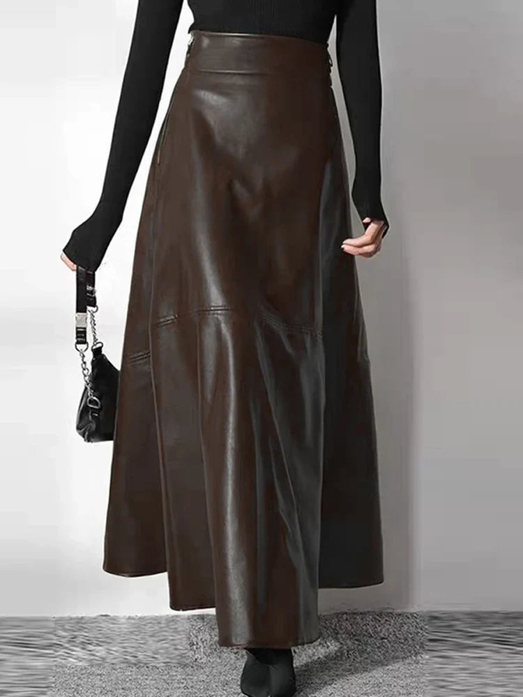 Women’s High Waist Leather Long Skirt
