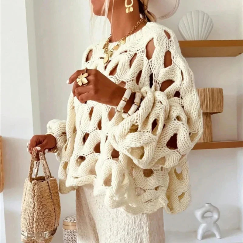 Hollow Out Long Sleeved Knitted Sweater
