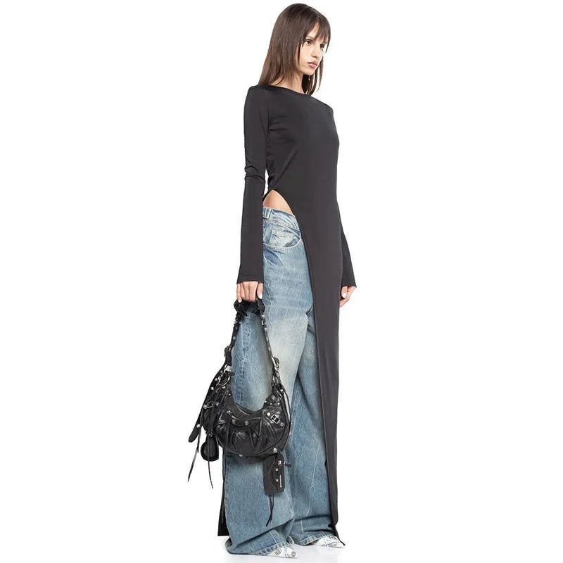 Asymmetrical Long Sleeve Black Dress