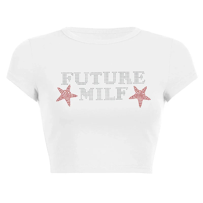 Rhinestone Letters Stars Printing T-Shirt