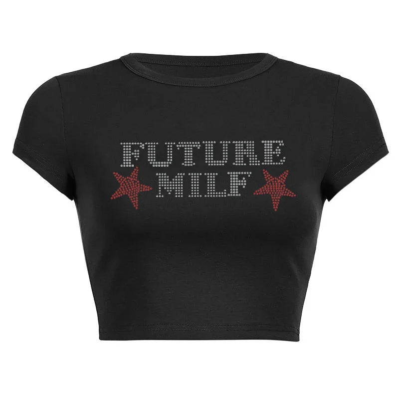 Rhinestone Letters Stars Printing T-Shirt