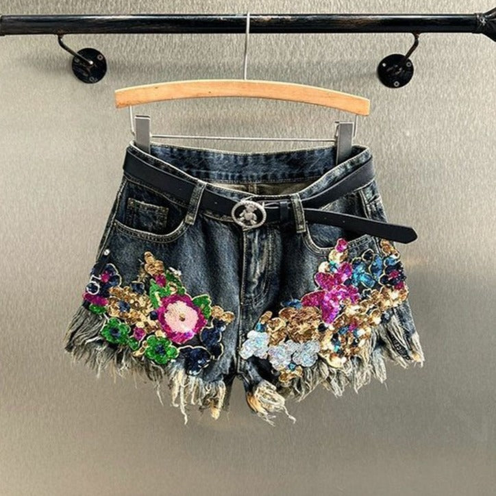 Sequined Floral Denim Shorts