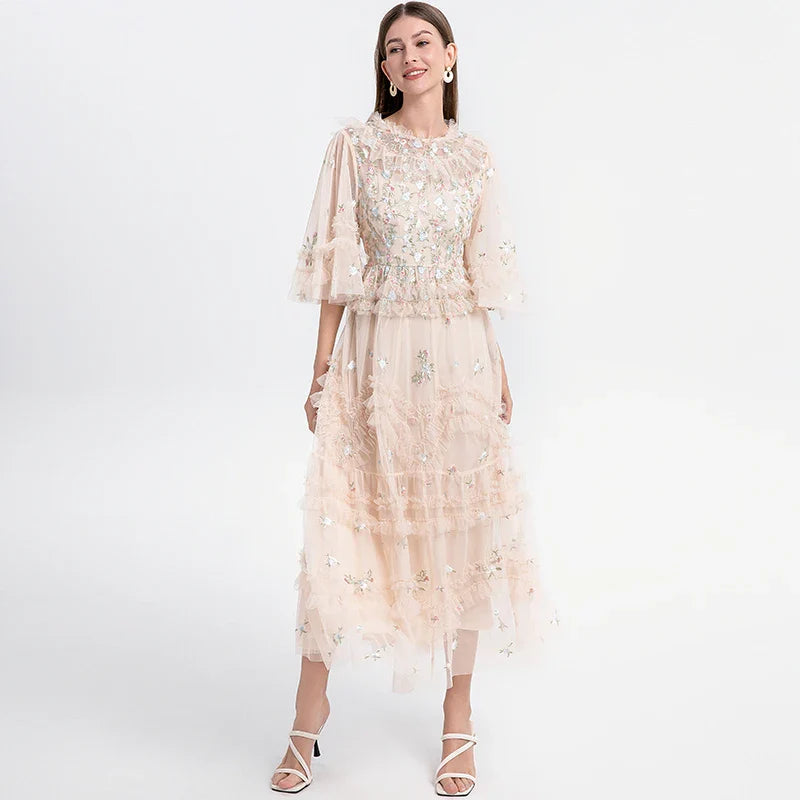 Embroidery Flower Midi Dress